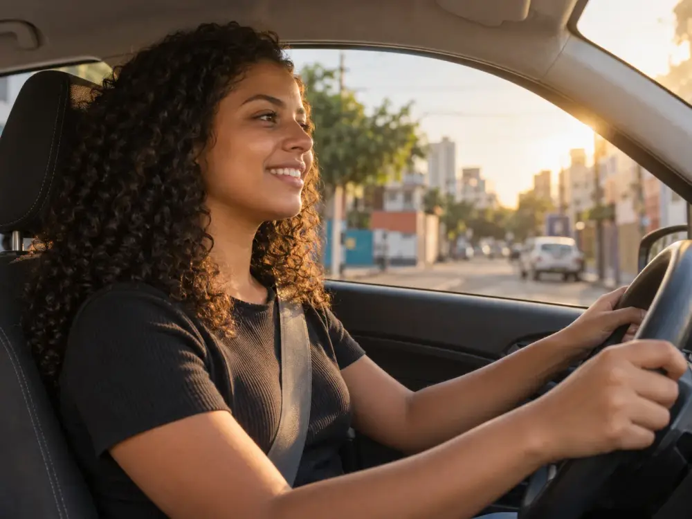 Condutora sorrindo ao dirigir pela primeira vez